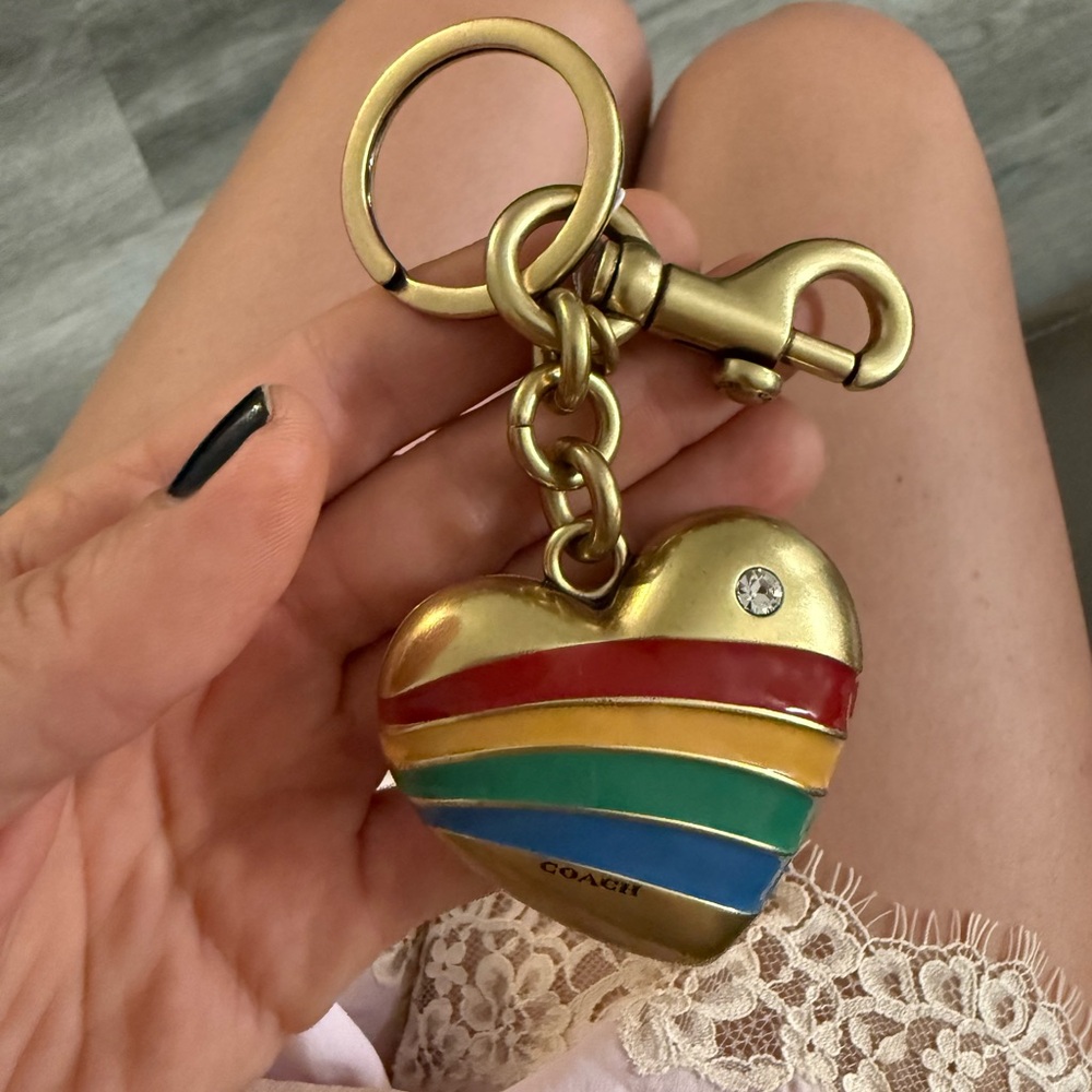 Coach Gold-tone Heart Keychain with Red, Yellow, Green & Blue Stripes - Picture 3 of 4